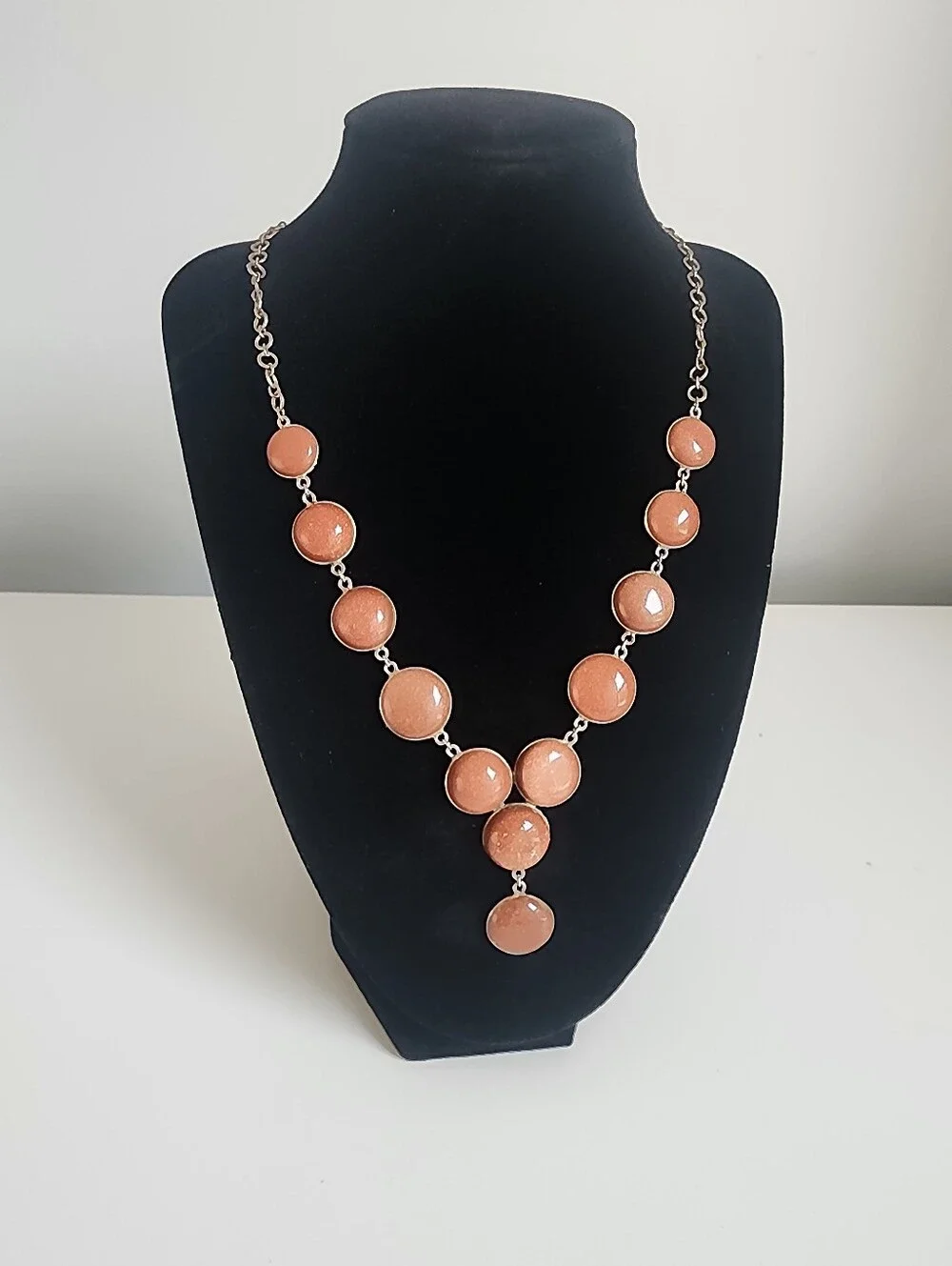 Vintage Goldstone Silver-Tone Cabochon Y-Drop Statement Necklace, 18